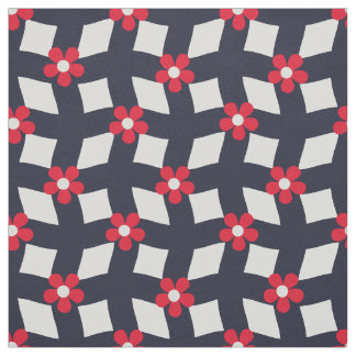 Large Navy Abstract Floral Grid - Cotton Twill Fabric