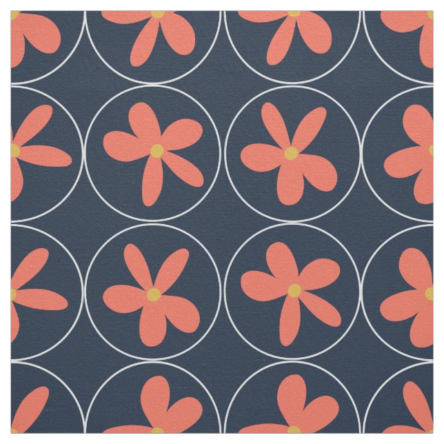 Large Navy Coral Floral Tile Cotton Twill Fabric (Swatch)