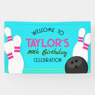 Large Neon Teal Blue Bowling Birthday Banner