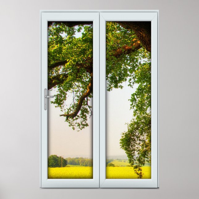Large Oak Tree Window with a View Illusion Poster (Front)