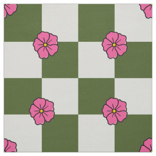 Large Olive Pink Floral Checkerboard Twill Fabric