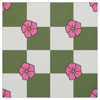 Large Olive Pink Floral Checkerboard Twill Fabric