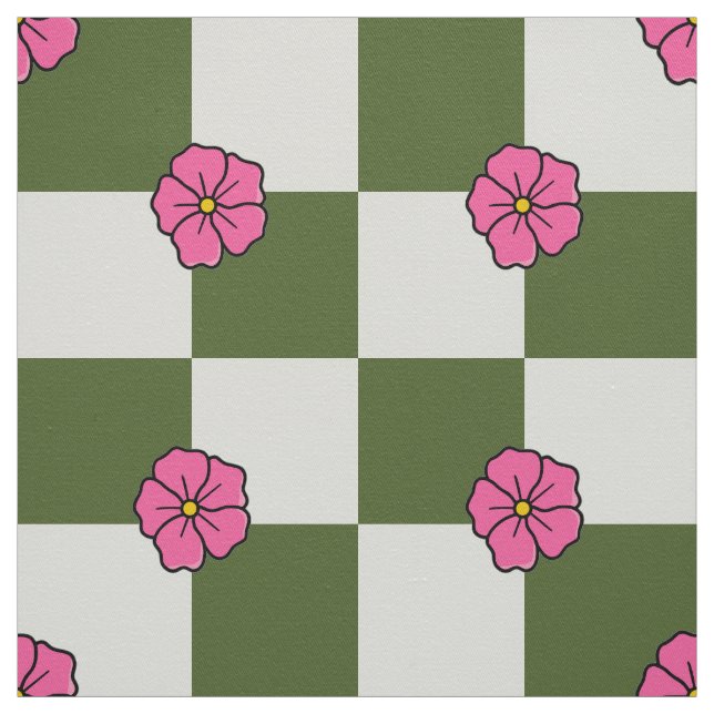 Large Olive Pink Floral Chequerboard Twill Fabric (Swatch)