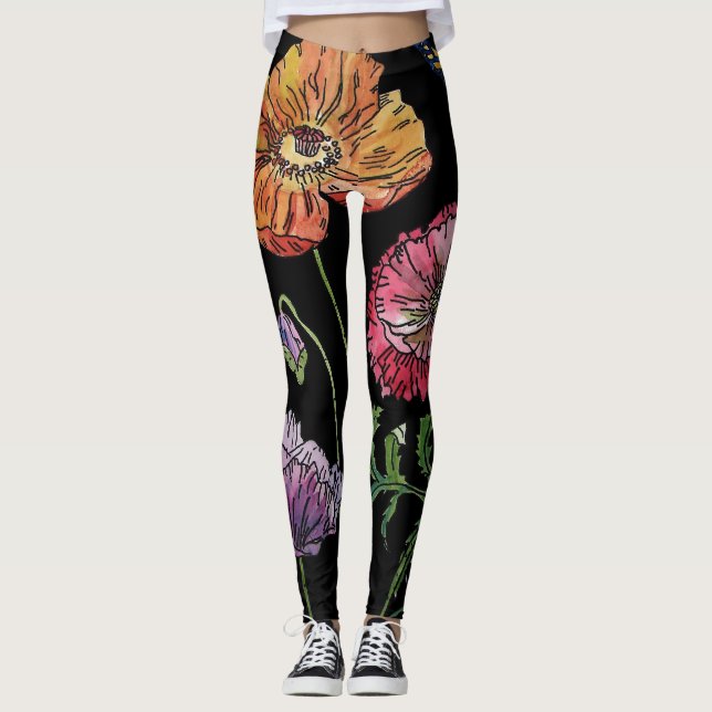 Large Orange Poppy Floral Watercolor Leggings (Front)