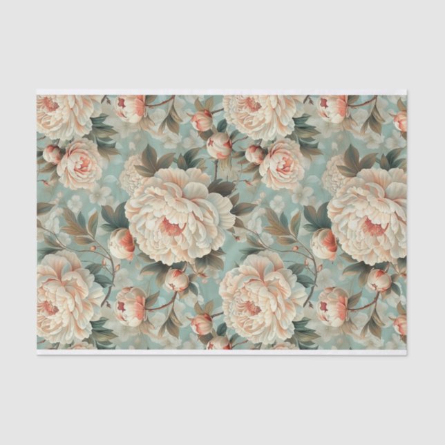 Large Pale Pink Peonies on Blue-Green Background Tissue Paper (Front)
