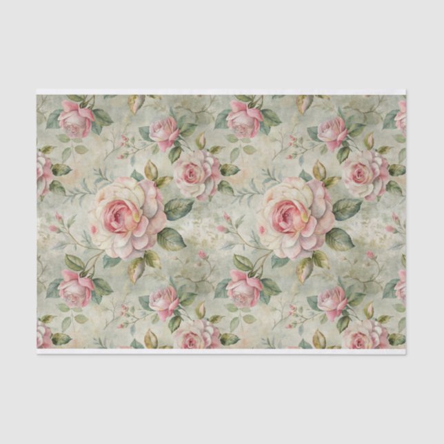 Large Pale Pink Roses on Light Green Background Tissue Paper (Front)