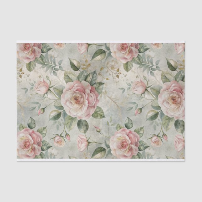 Large Pale Pink Roses on Soft Green Pattern Tissue Paper (Front)
