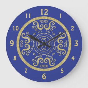 Large Passover Round Clock "Blue, Gold Elegant"
