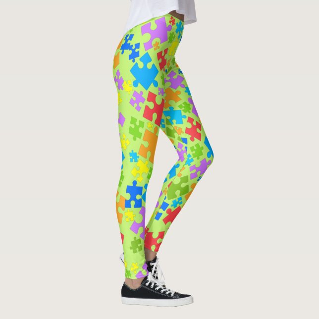 Large Pastel Colour Autism Puzzle Pieces on GREEN Leggings (Right)