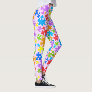 Large Pastel Colour Autism Puzzle Pieces on PINK Leggings