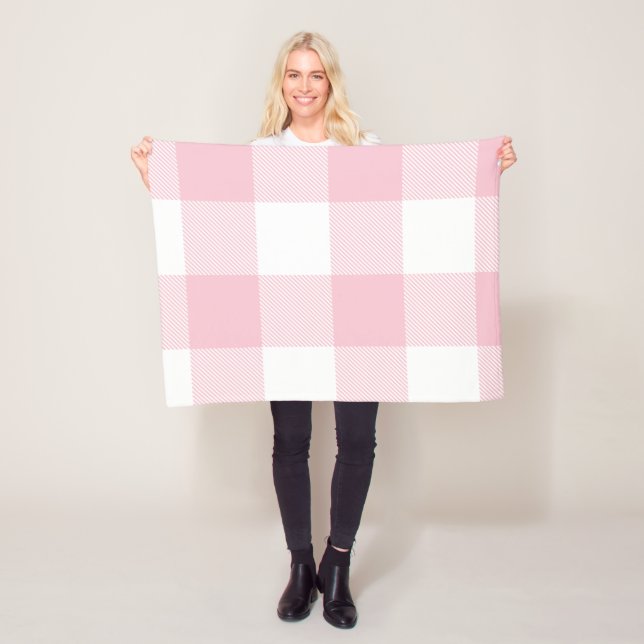 Large Pastel Pink and White Gingham Plaid Fleece Blanket (In Situ)