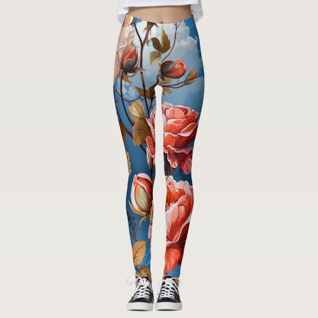 large Pastel Rose on a Sky Background Leggings (Front)