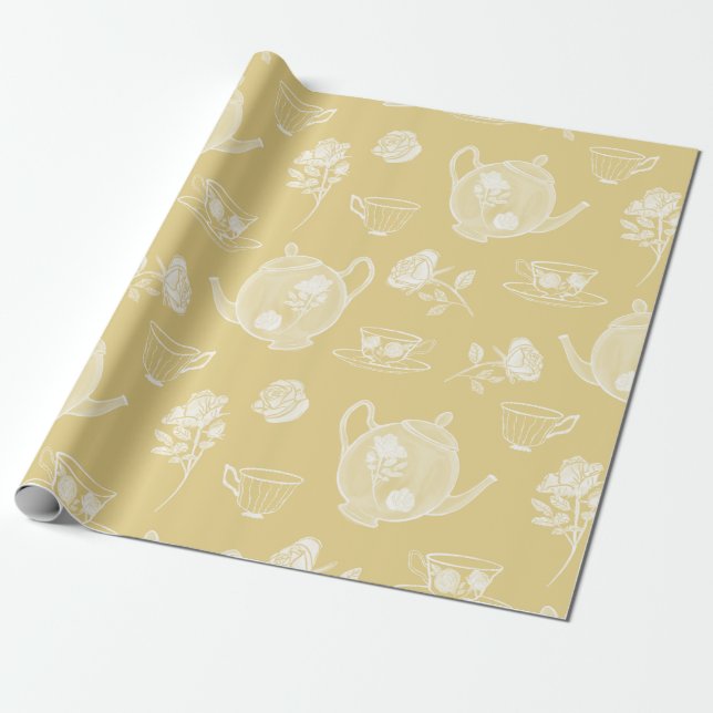 Large Pastel Watercolor Teapots on Yellow Wrapping Paper (Unrolled)