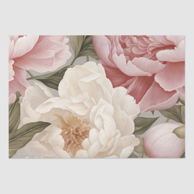 Large Peony Floral Pink White Print Tissue Paper (Front)