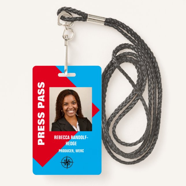 LARGE PHOTO I.D. PRESS PASS ID BADGE (Front with Lanyard)