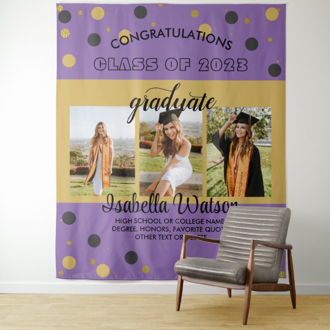 Large Photos Graduation Party PurpleGold Backdrop Tapestry (In Situ)