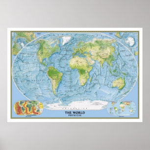 Large Physical map of world poster