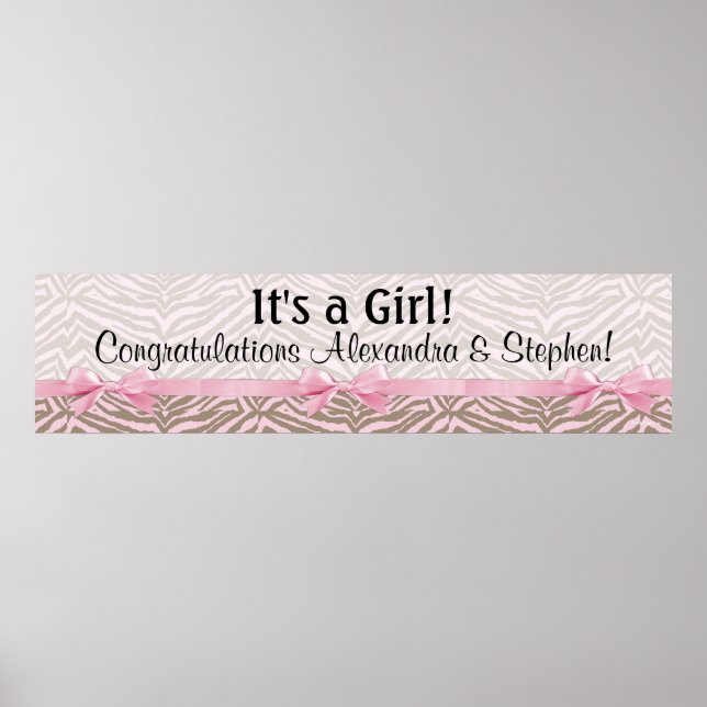 LARGE Pink and Brown Zebra Baby Shower Banner Poster (Front)