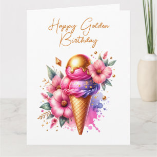 Large Pink and Gold Ice Cream Golden Birthday Card