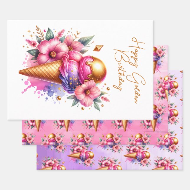 Large Pink and Gold Ice Cream Golden Birthday Wrapping Paper Sheet (Set)