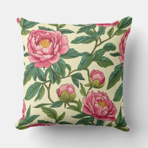 Large Pink and Green Chinoiserie Peony Floral Cushion