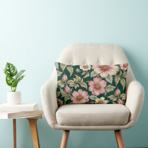 Large Pink and White Country Roses Lumbar Cushion