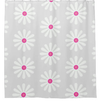 Large pink and white daisies pattern on soft grey shower curtain