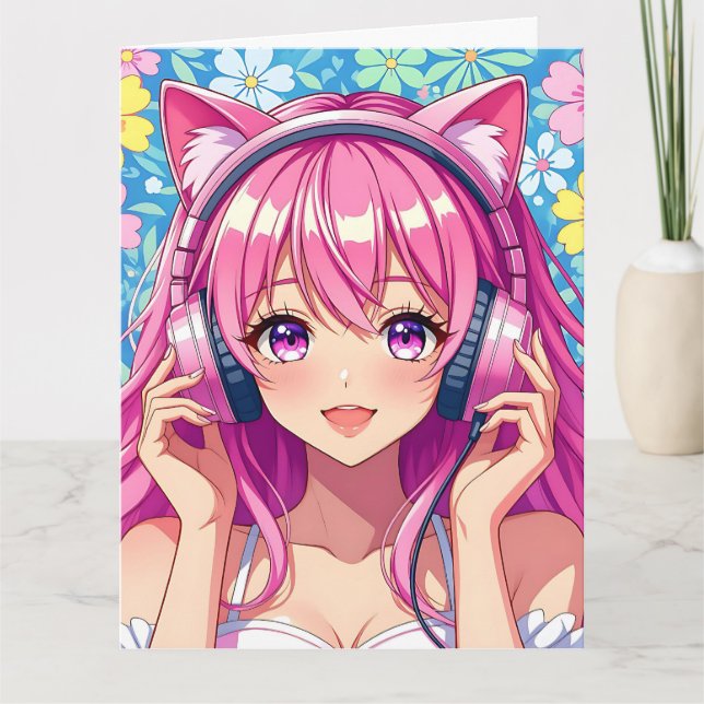 Large Pink Anime Girl with Headphones Birthday Card (Front)