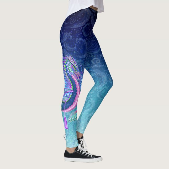 Large Pink  & Blue Water Dragon on Water Swirls Leggings (Right)