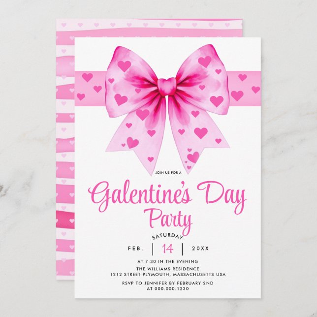 Large pink bow and hearts Galentine's Day party    Invitation (Front/Back)