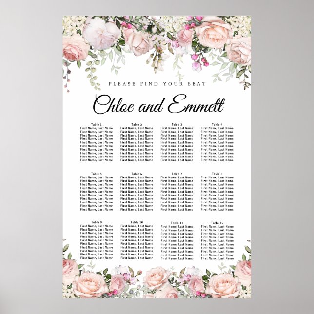 Large Pink Floral 12-Table Wedding Seating Chart (Front)
