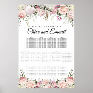 Large Pink Floral 13-Table Wedding Seating Chart