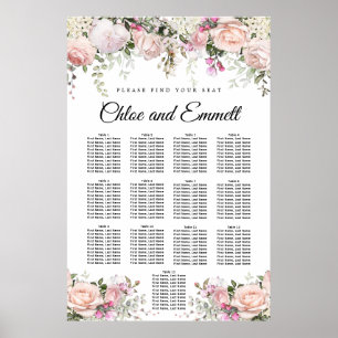 Large Pink Floral 13-Table Wedding Seating Chart