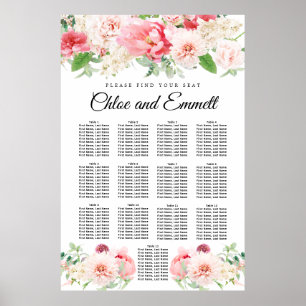 Large Pink Floral 13-Table Wedding Seating Chart