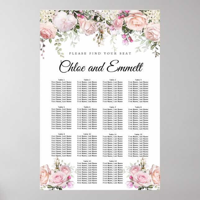 Large Pink Floral 14-Table Wedding Seating Chart (Front)