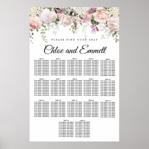 Large Pink Floral 17-Table Wedding Seating Chart