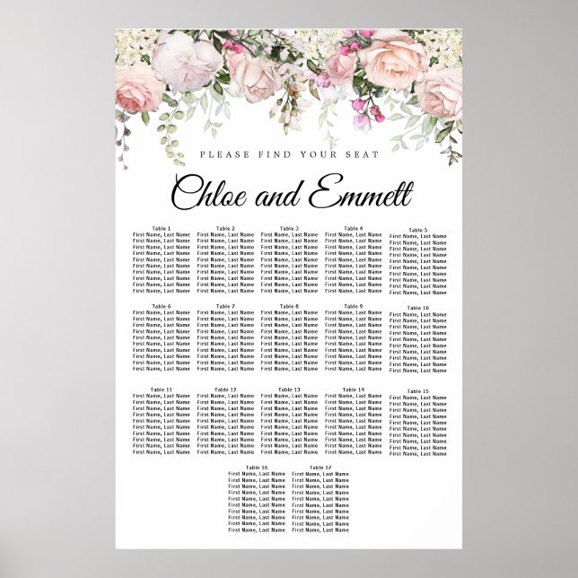 Large Pink Floral 17-Table Wedding Seating Chart (Front)