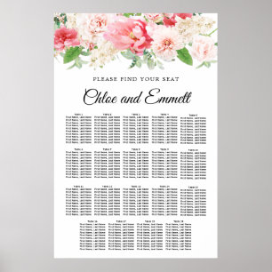 Large Pink Floral 19-Table Wedding Seating Chart