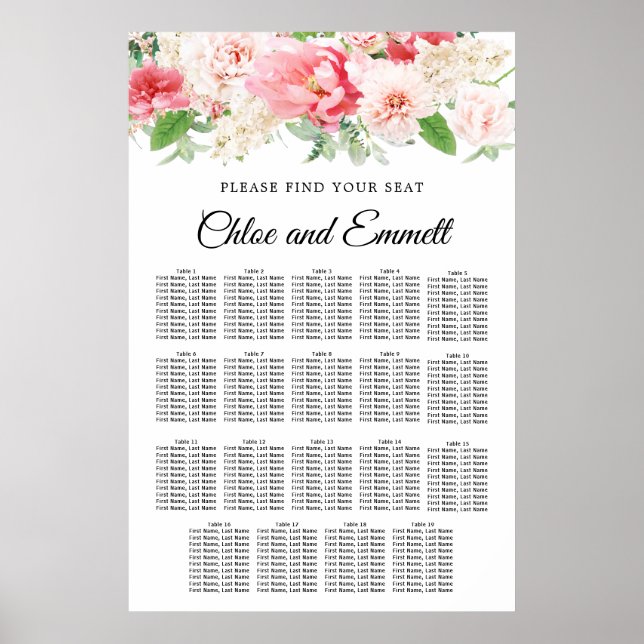 Large Pink Floral 19-Table Wedding Seating Chart (Front)