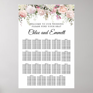 Large Pink Floral 19-Table Wedding Seating Chart