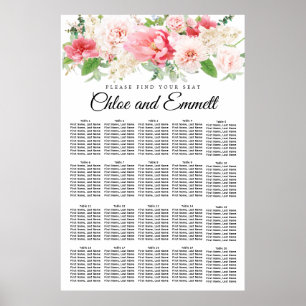 Large Pink Floral 20-Table Wedding Seating Chart