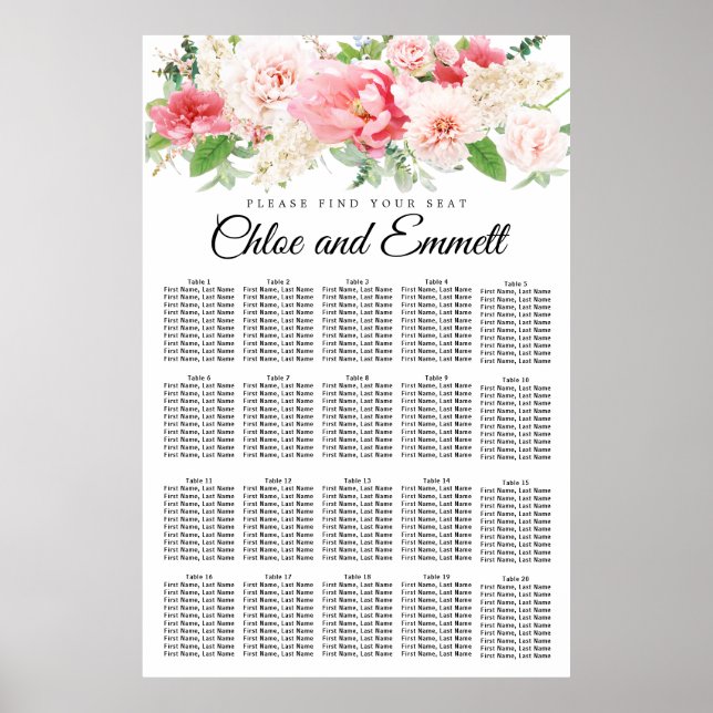 Large Pink Floral 20-Table Wedding Seating Chart (Front)