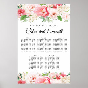 Large Pink Floral 5-Table Wedding Seating Chart