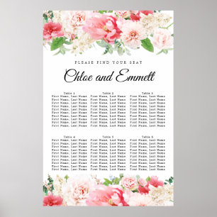 Large Pink Floral 6-Table Wedding Seating Chart