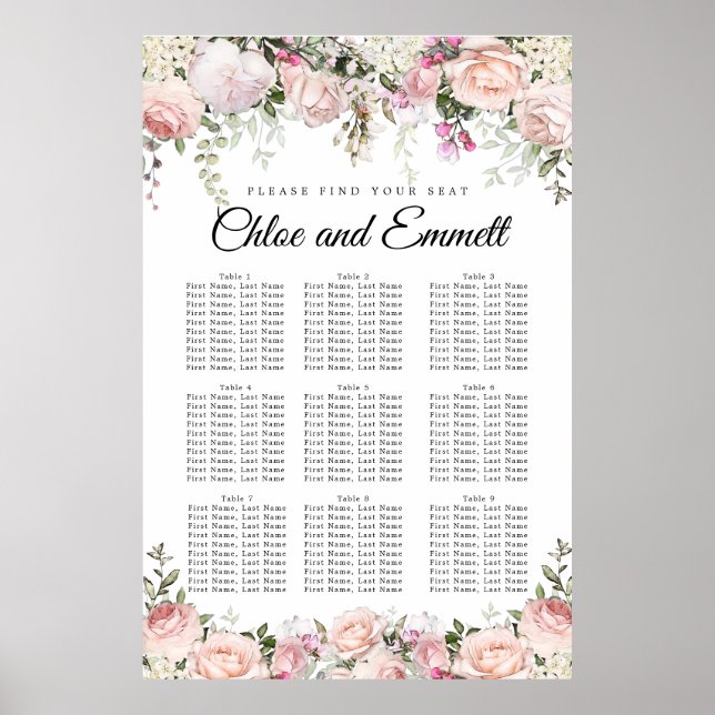 Large Pink Floral 9-Table Wedding Seating Chart (Front)