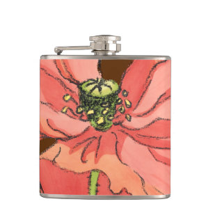 Large Pink Flower with Deep Red Background Hip Flask