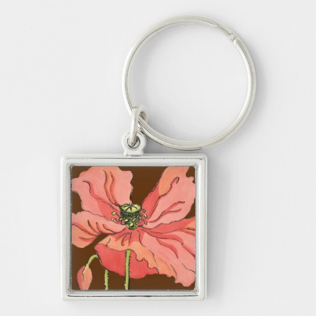 Large Pink Flower with Deep Red Background Key Ring (Front)