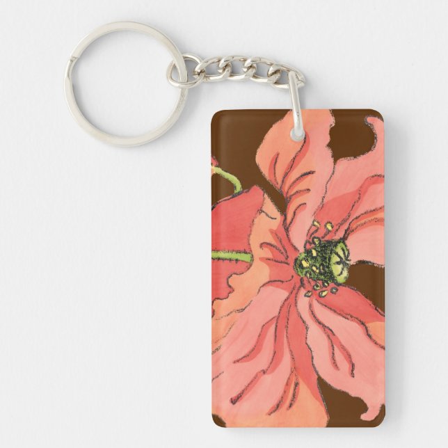 Large Pink Flower with Deep Red Background Key Ring (Front)