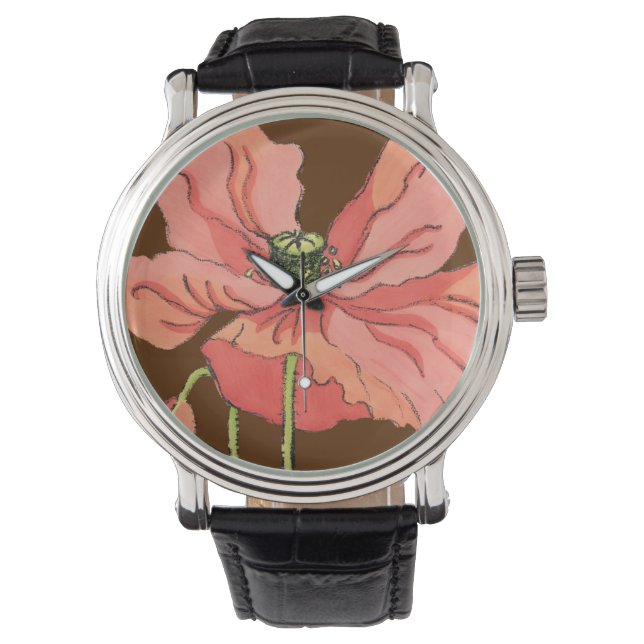 Large Pink Flower with Deep Red Background Watch (Front)
