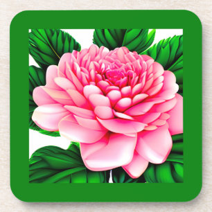Large Pink Peony with Emerald Green Leaves Coaster